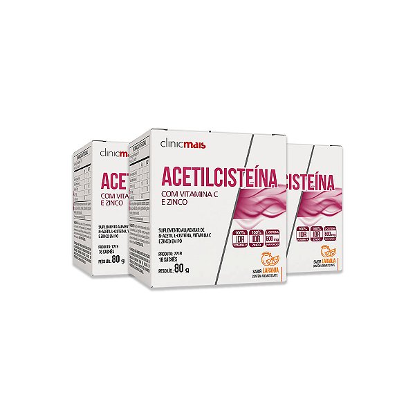 Kit 3 Acetilcisteína ClinicMais 16 Sachês Laranja