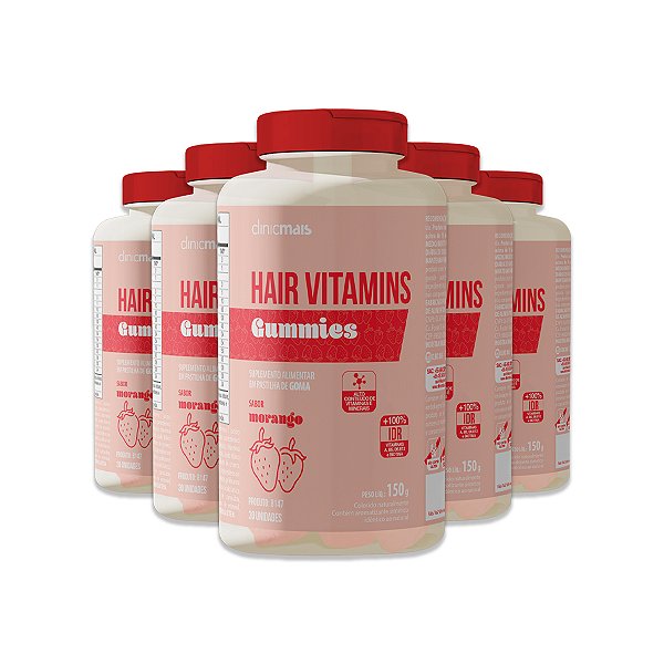 Kit 5 Hair Vitamins Gummies ClinicMais 30 Gomas Morango