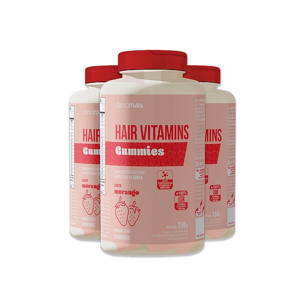 Kit 3 Hair Vitamins Gummies ClinicMais 30 Gomas Morango