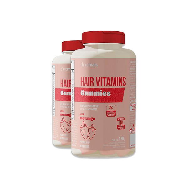 Kit 2 Hair Vitamins Gummies ClinicMais 30 Gomas Morango