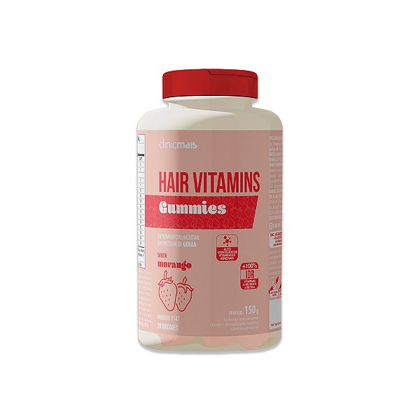 Hair Vitamins Gummies ClinicMais 30 Gomas Morango
