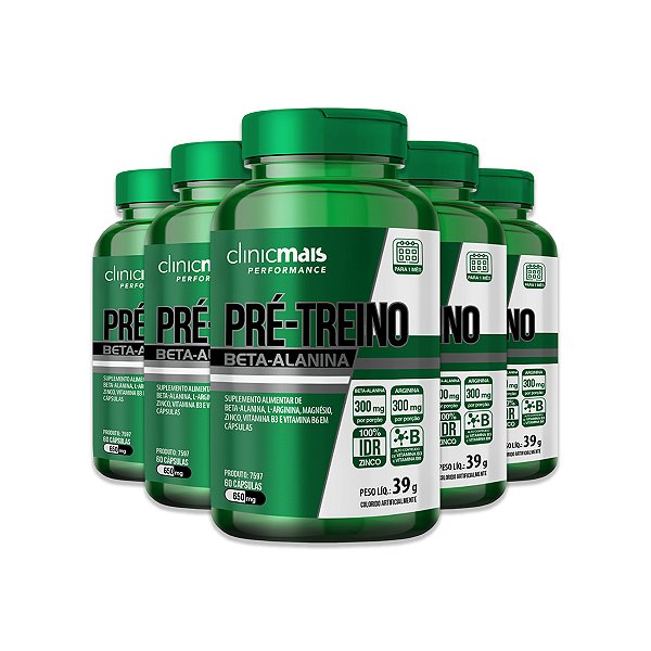 Kit 5 Pré Treino Beta Alanina ClinicMais 60 Cápsulas