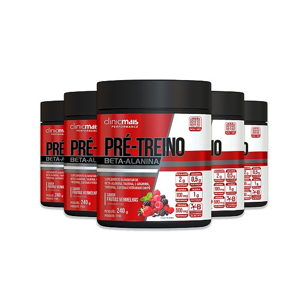 Kit 5 Pré Treino Beta Alanina ClinicMais Frutas Vermelhas 240g