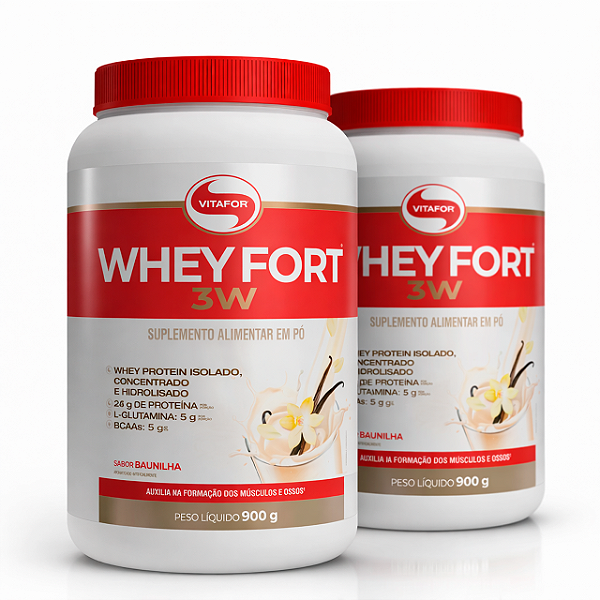 Kit 2 Whey Fort 3W Vitafor Proteína 900g Baunilha