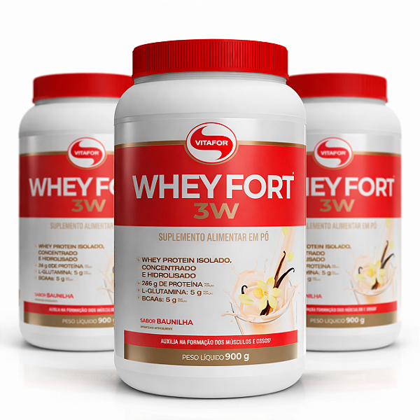 Kit 3 Whey Fort 3W Vitafor Proteína 900g Baunilha