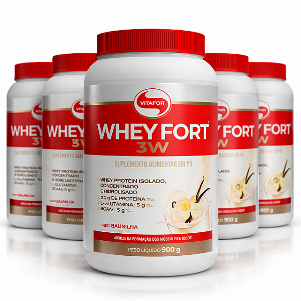 Kit 5 Whey Fort 3W Vitafor Proteína 900g Baunilha