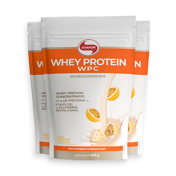 Kit 3 Whey Protein Vitafor WPC Mousse de Maracujá 900g