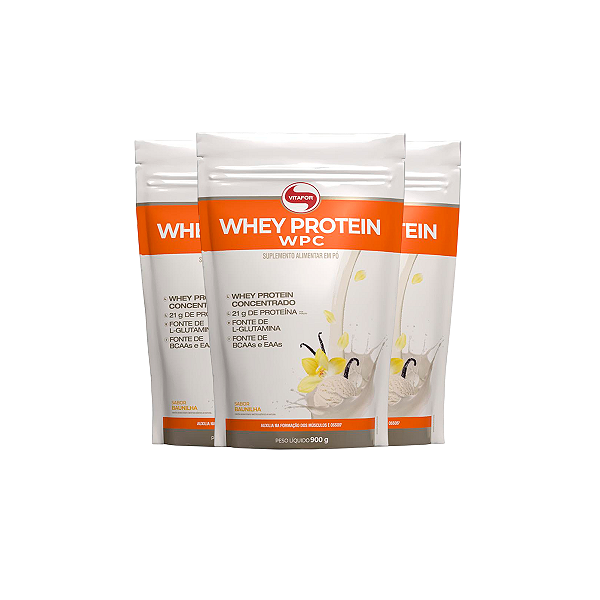 Kit 3 Whey Protein Vitafor 900g Concentrado Baunilha