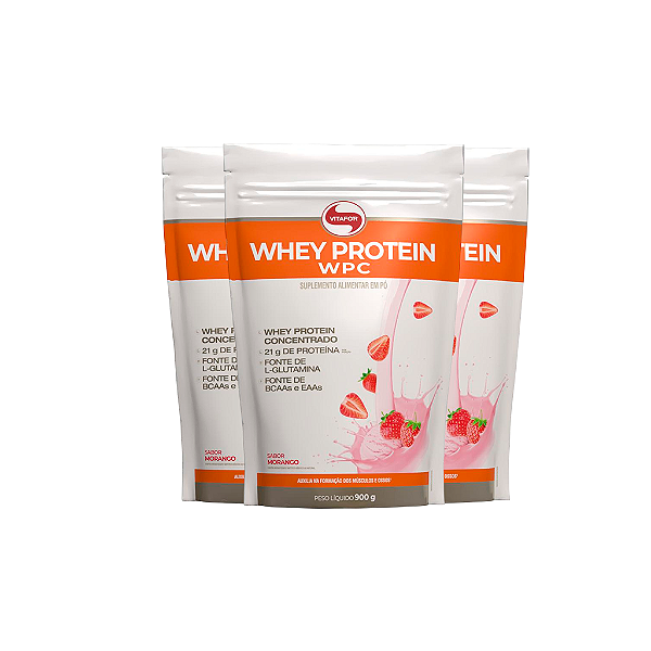 Kit 3 Whey Protein Vitafor 900g Concentrado Morango