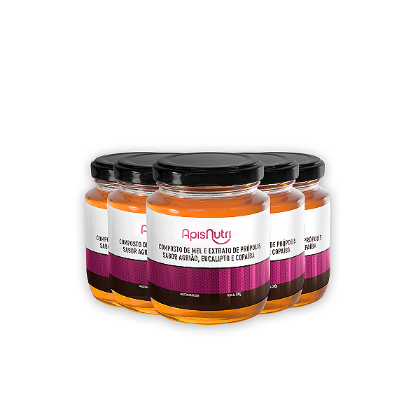 Kit 5 Composto de Mel Apisnutri Agrião, Eucalipto e Copaíba 300g