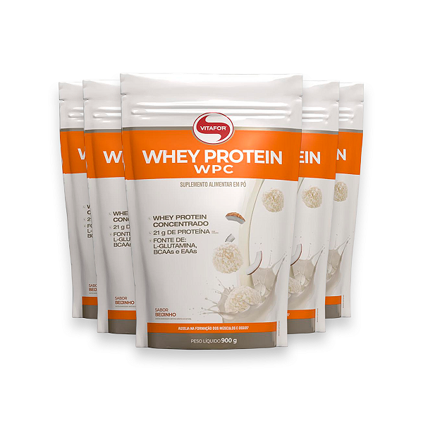 Kit 5 Whey Protein Vitafor 900g Concentrado Beijinho