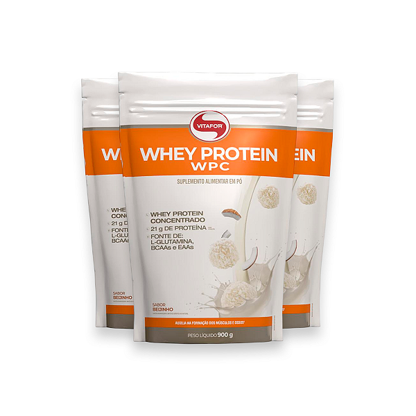 Kit 3 Whey Protein Vitafor 900g Concentrado Beijinho