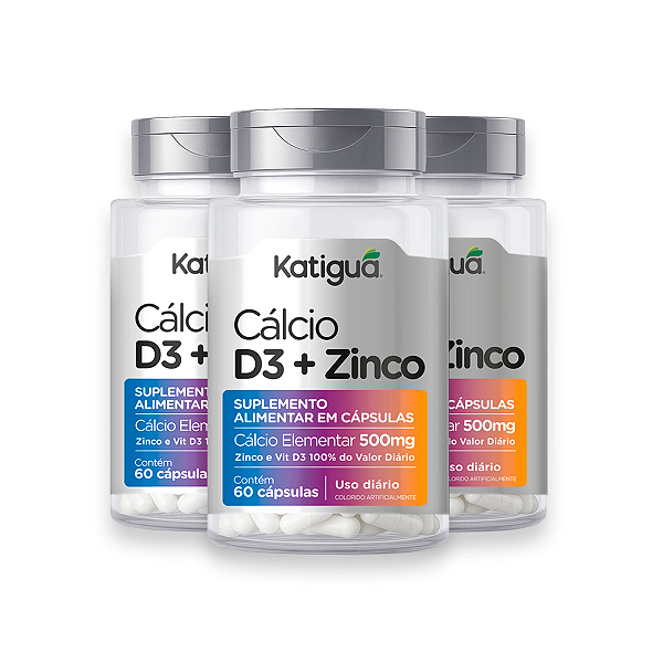 Kit 3 Cálcio+D3+Zinco Katiguá 500mg 60 Cápsulas