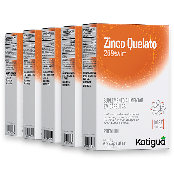 Kit 5 Zinco Quelato Dose Máxima Katiguá 60 Cápsulas