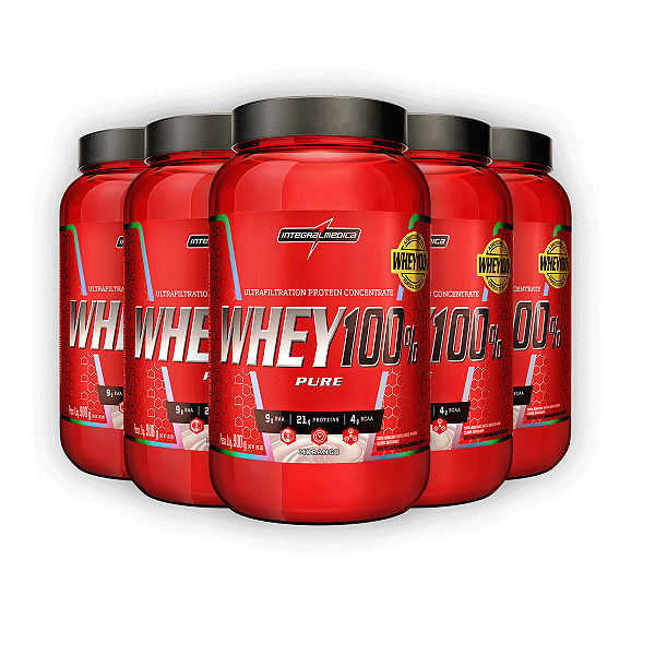 Kit 5 Whey Protein 100% Puro V2 Integral Medica Morango 900g