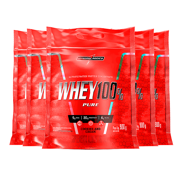 Kit 5 Whey Protein 100% Puro Integral Medica Cookies Cream 900g