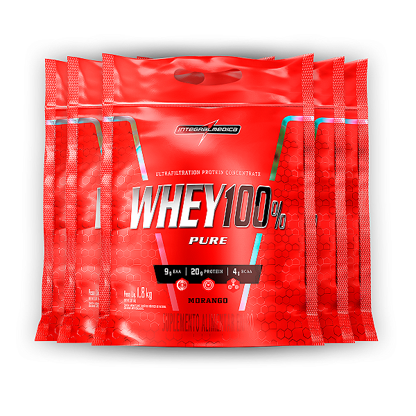 Kit 5 Whey Protein 100% Puro Integral Medica Morango 1.8Kg