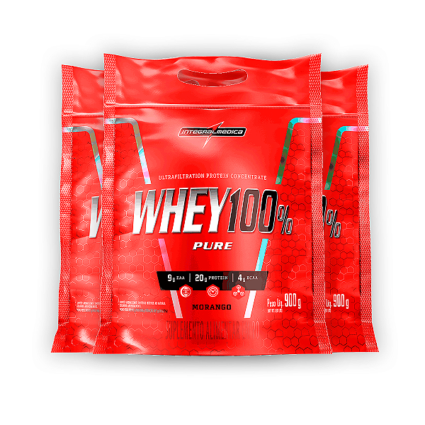 Kit 3 Whey Protein 100% Puro Integral Medica Morango 900g