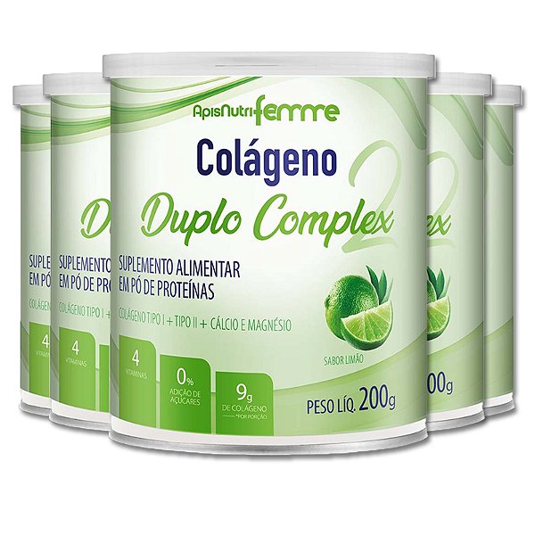 Kit 5 Colágeno Duplo Complex Tipo 2 + Tipo 1 Apisnutri 200g Limão