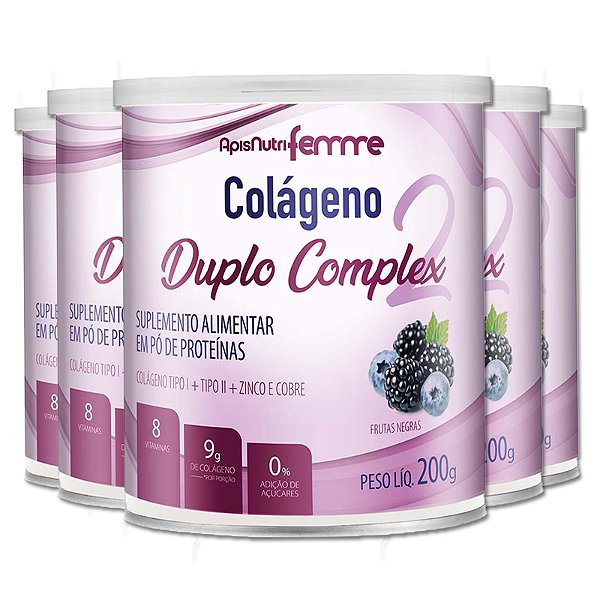 Kit 5 Colágeno Duplo Complex Tipo 2 + Tipo 1 Apisnutri 200g Frutas Negras