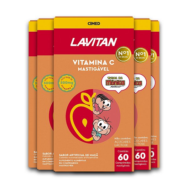 Kit 5 Vitamina C Lavitan 60 Comprimidos Mastigáveis Maçã