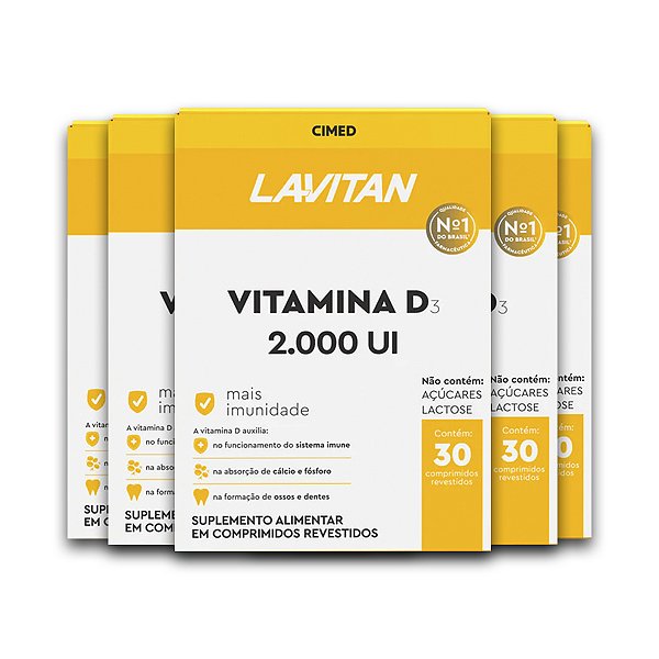 Kit 5 Vitamina D3 Lavitan 2000UI 30 Comprimidos Revestidos
