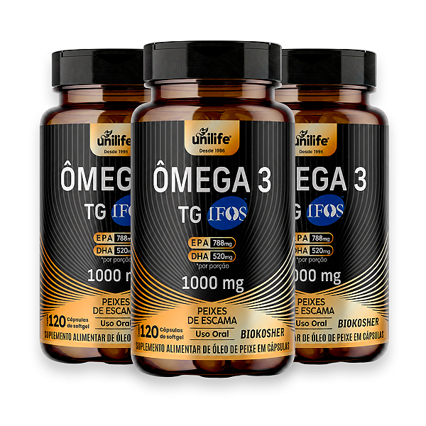 Kit 3 Ômega 3 Óleo de Peixe Unilife 1000mg 120 Cápsulas