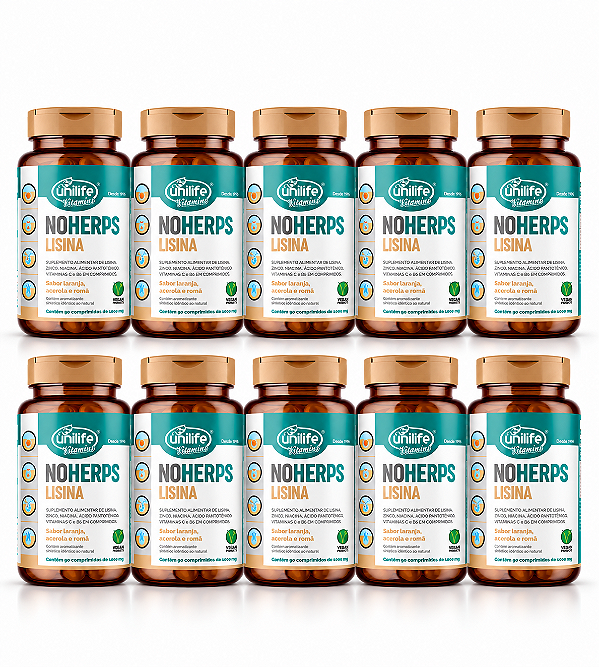 Kit 10 NoHerps Lisina 1000mg Unilife 90 Comprimidos Laranja, Acerola e Romã