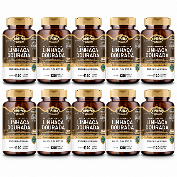 Kit 10 Óleo de Semente de Linhaça Dourada Unilife 1000mg 120 Cápsulas