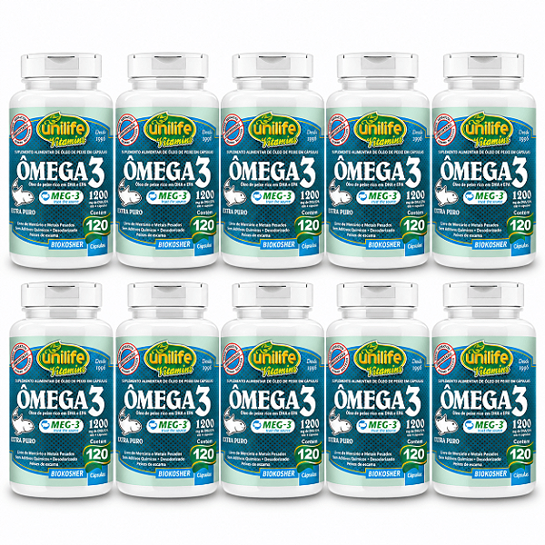 Kit 10 Ômega 3 Óleo de Peixe Unilife 120 Cápsulas 1200mg