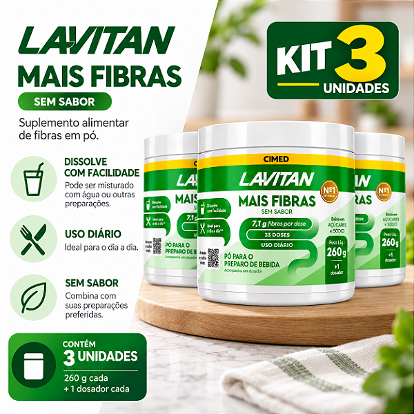 Kit 3 Mais Fibras Em Pó Lavitan Sem Sabor 260g