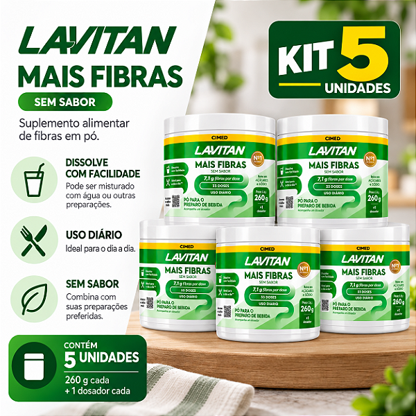 Kit 5 Mais Fibras Em Pó Lavitan Sem Sabor 260g