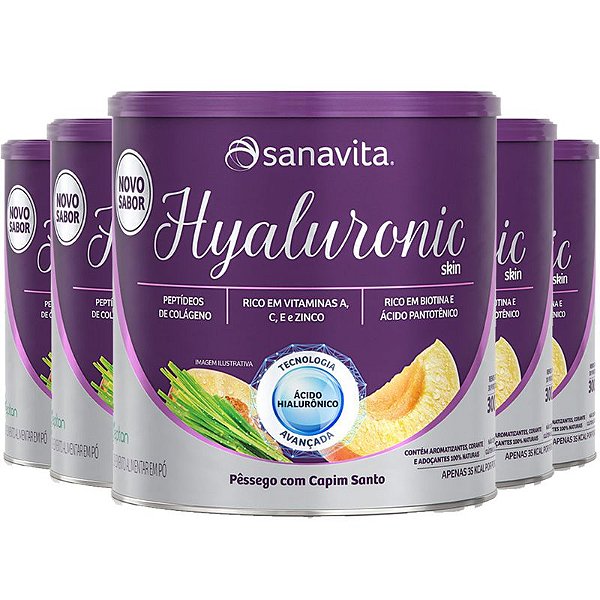 Kit 5 Hyaluronic Skin Ácido Hialurônico + Colágeno Sanavita Pêssego 300g