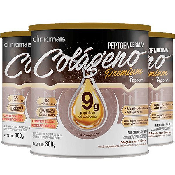 Kit 3 Colágeno Hidrolisado Premium 9g Clinic Mais 300g Cappuccino