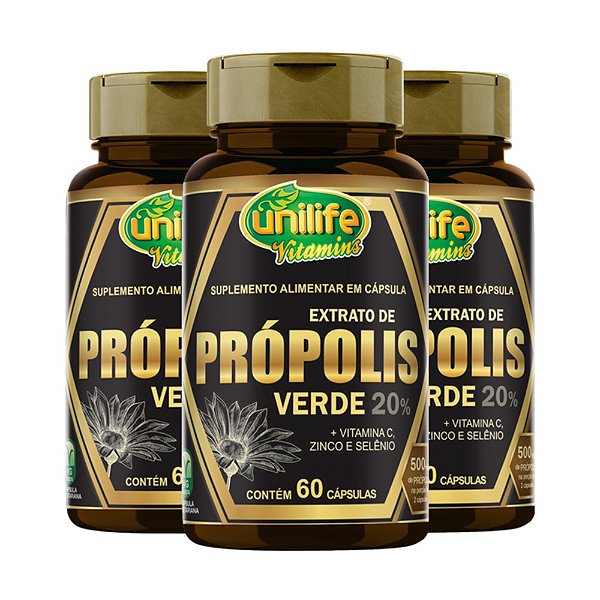 Kit 3 Própolis Verde + Vitamina C Zinco e Selênio Unilife 60 cápsulas
