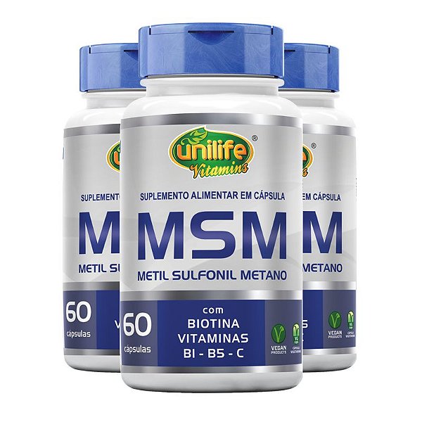 Kit 3 MSM Metil Sufonil Metano + Biotina e Vitamina Unilife 60 cápsulas