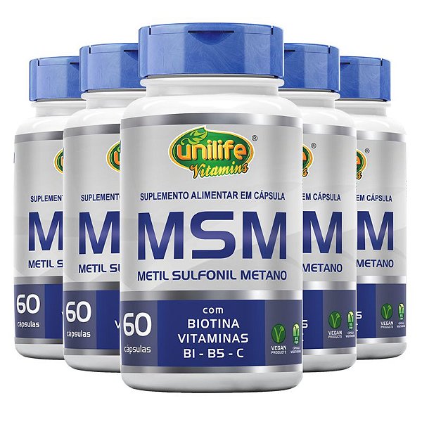 Kit 5 MSM Metil Sufonil Metano + Biotina e Vitamina Unilife 60 cápsulas