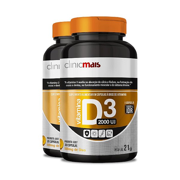 Kit 2 Vitamina D3 2000 U.I 500mg ClinicMais 30 cápsulas