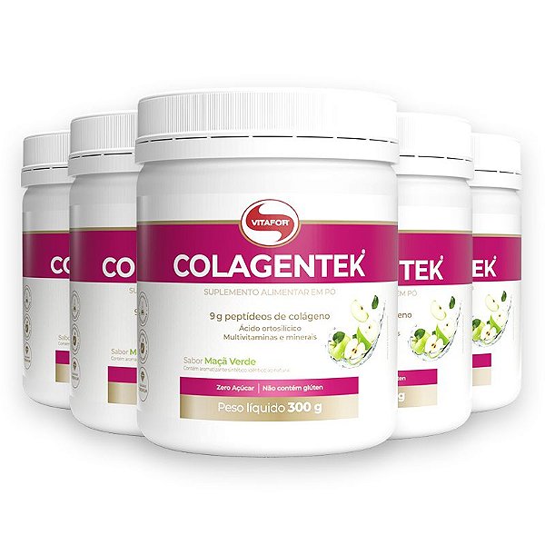 Kit 5 Colágeno Hidrolisado Colagentek Vitafor 300g Maçã Verde