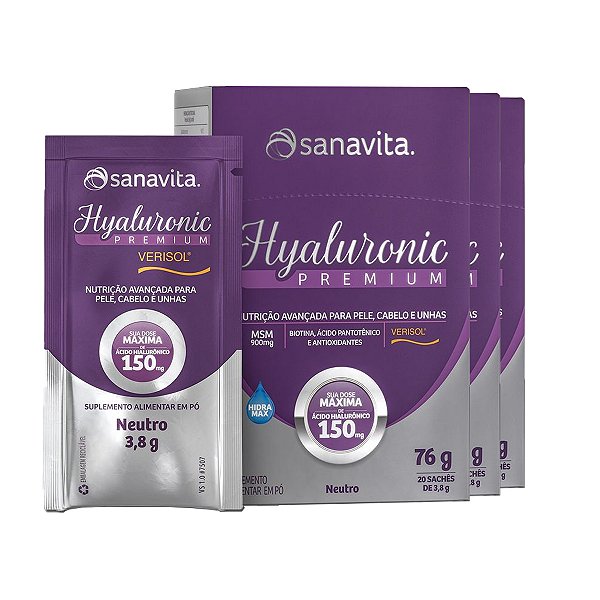 Kit 3 Hyaluronic Premium Ácido Hialurônico + Verisol Sanavita 20 Sachês Neutro