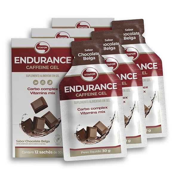 Kit 3 Endurance Caffeine Gel Vitafor Caixa 12 sachês Chocolate Belga
