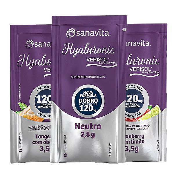 Kit 3 Hyaluronic Ácido Hialurônico + Verisol Sanavita 30 Sachês (Neutro + Tangerina + Cranberry)