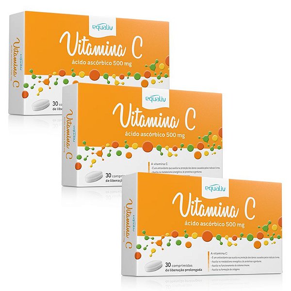 Kit 3 Vitamina C 500mg Ácido Ascórbico Equaliv 30 comprimidos