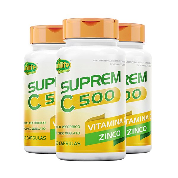 Kit 3 Suprem C 500 Vitamina C 500mg + Zinco 7mg Unilife 60 cápsulas
