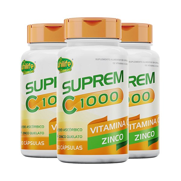 Kit 3 Suprem C 1000 Vitamina C 1000 mg + Zinco 7mg Unilife 30 cápsulas
