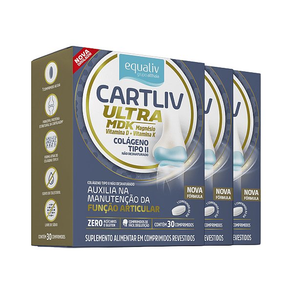 Kit 3 Cartliv Ultra MDK Colageno Tipo 2 Equaliv 30 Comprimidos