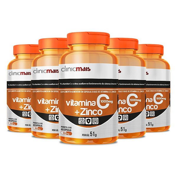 Kit 5 Vitamina C + Zinco Clinicmais 850mg 60 Cápsulas