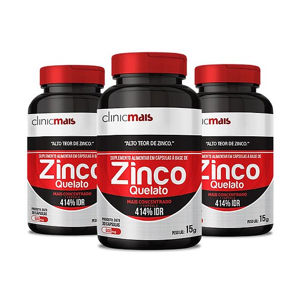 Kit 3 Zinco Quelato 500mg Clinic Mais 30 cápsulas