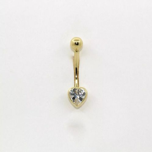 Piercing de umbigo - Pedra em formato de coração - Ouro amarelo 18K - haste curta de 10mm