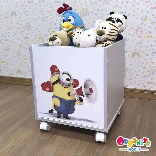 Baú infantil organizador de brinquedos com rodizio e tema Minions alarme - Cor cinza cristal ou branca